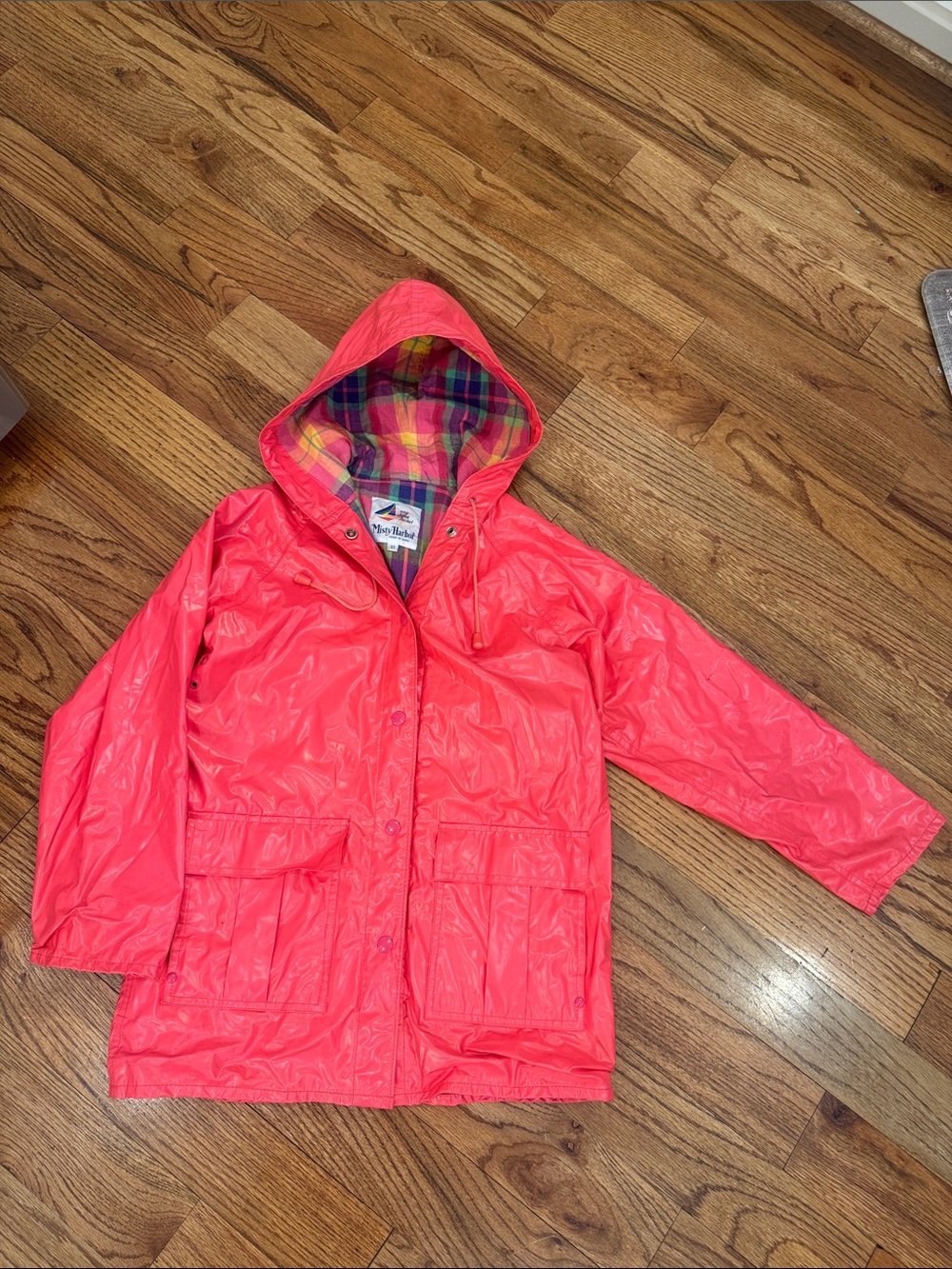 Kids Hooded Raincoat with Plaid Lining - Bright Pink